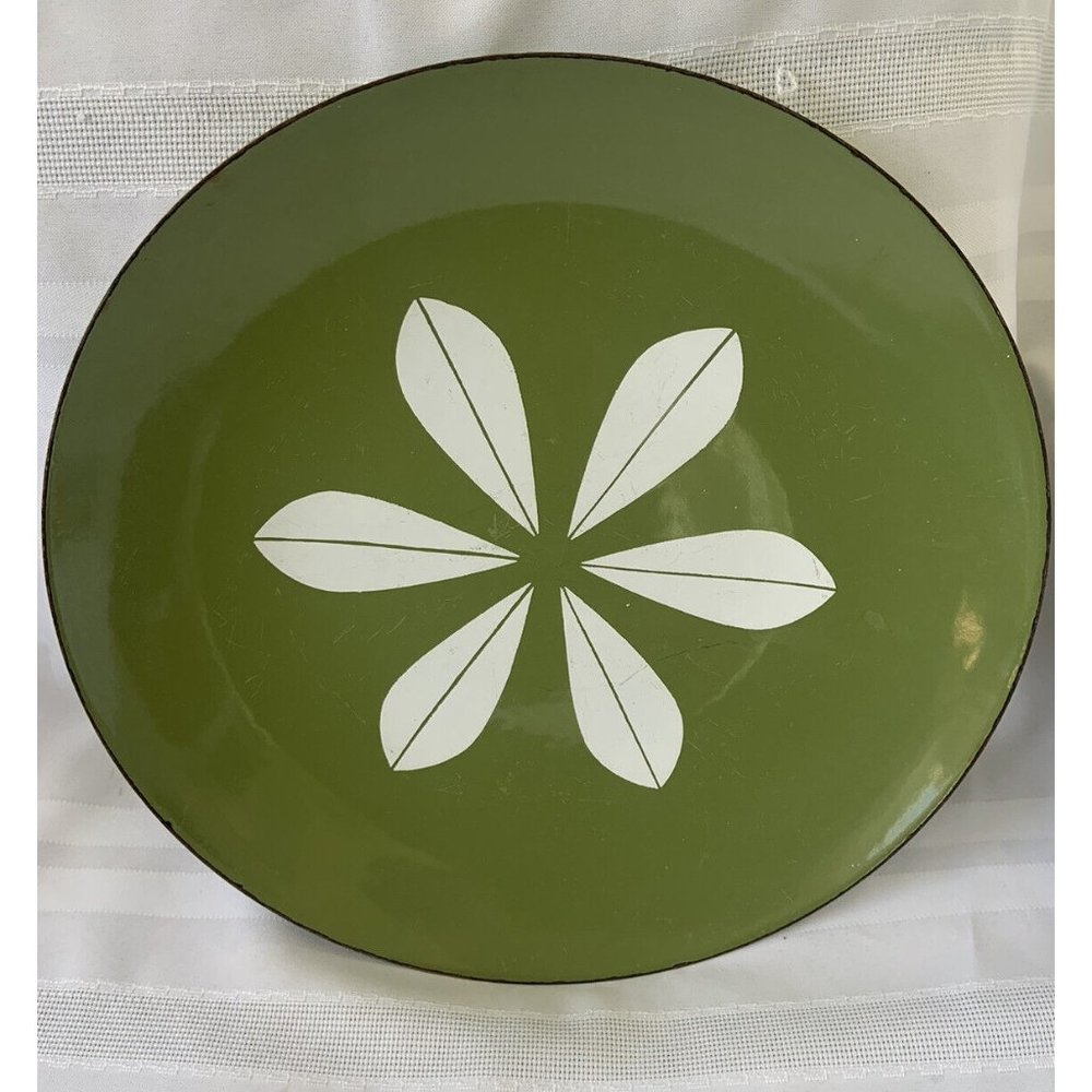 MCM Cathrineholm Lotus Enamelware Avocado Green And White 12" Charger Plate